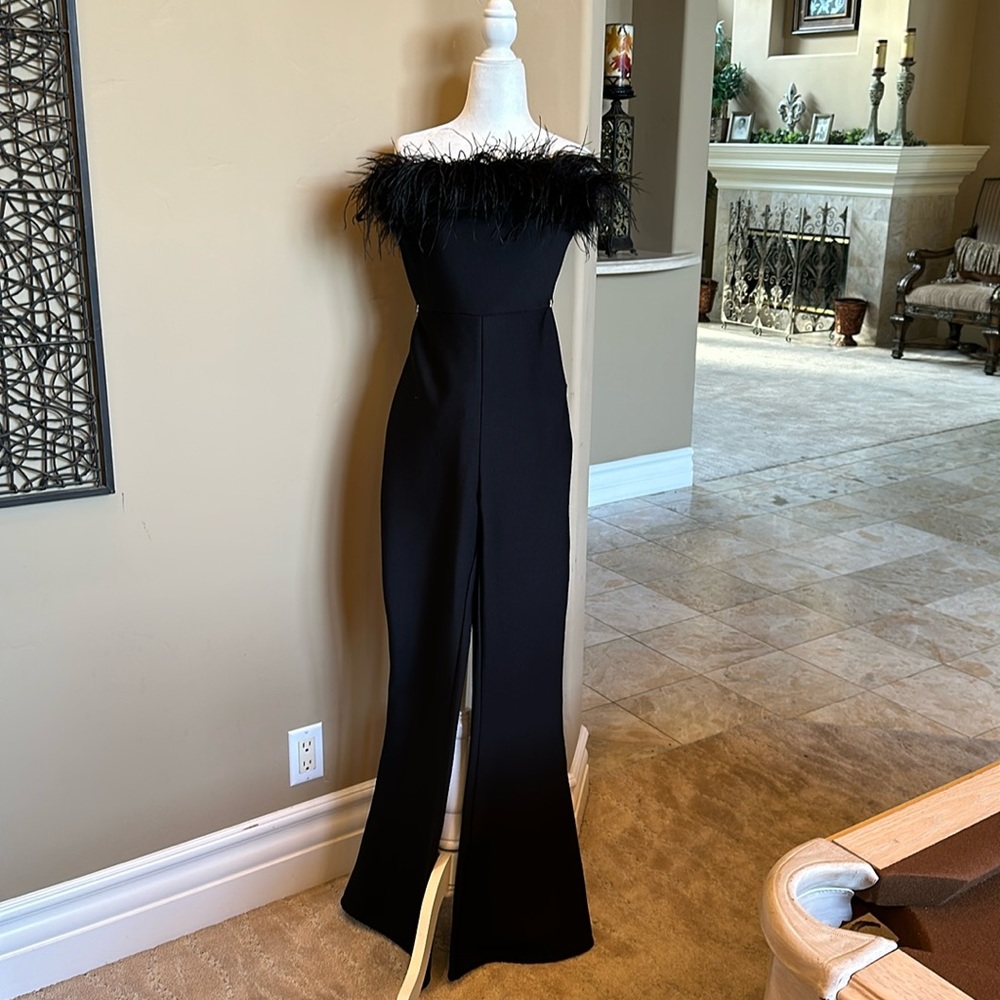 Ostrich feather strapless, body con jumpsuit NWT
